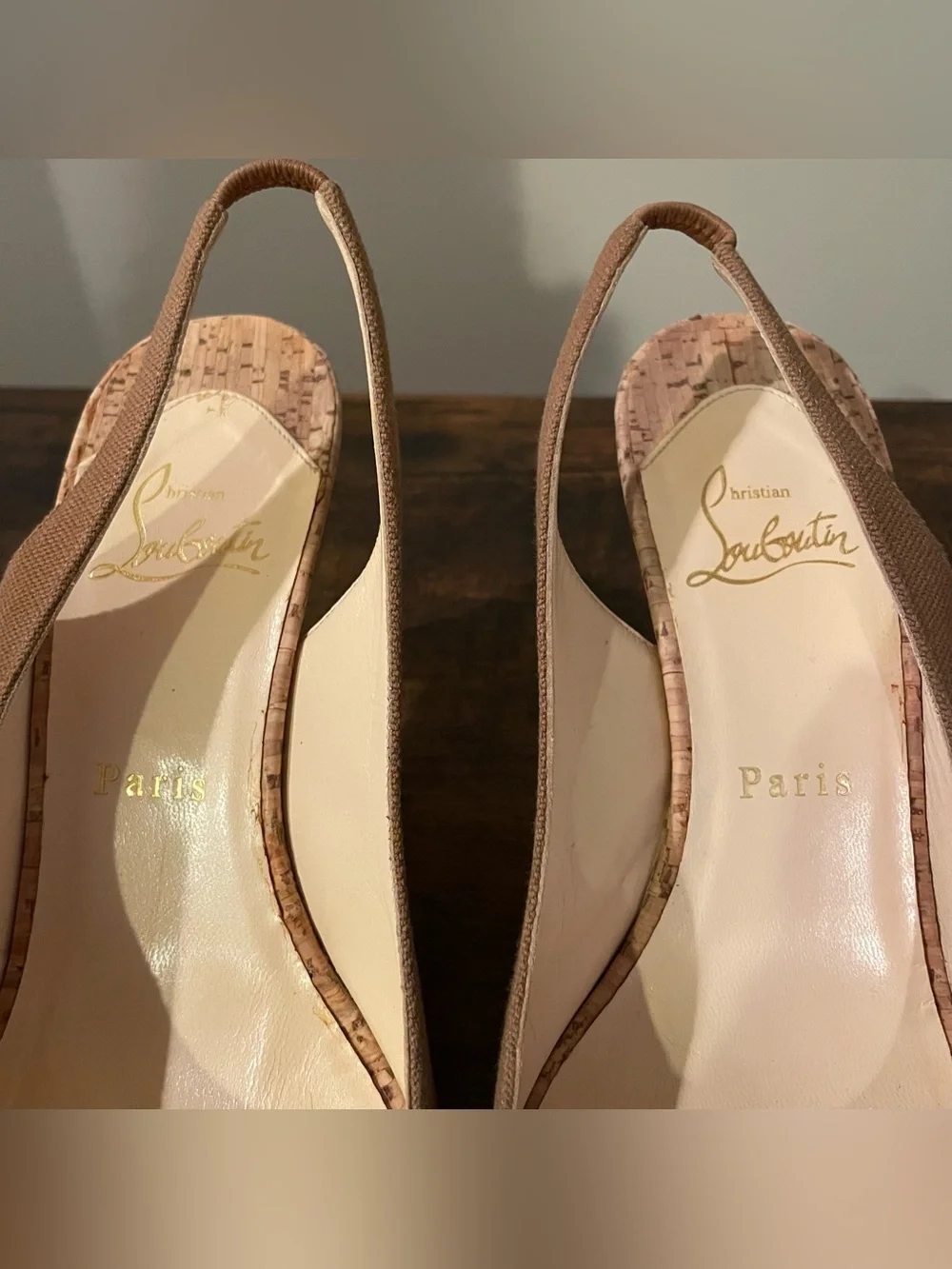 Christian Louboutin Peep Toe Slingback Heels Brown Cork Red Sole Women Size 38 8